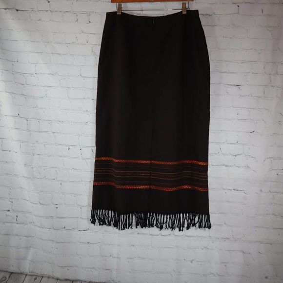 Dress Barn Brown Wool Lined Fringe Tasseled Striped Midi Skirt Women's Size 16 - Picture 3 of 6